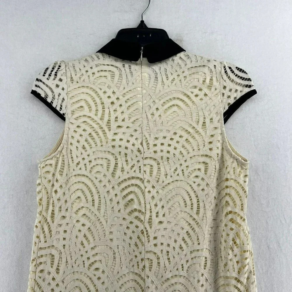 Zara Shift Dress Sz Small Beige Black Collar Short Sleeve High Neck Lace Lined - Picture 9 of 14